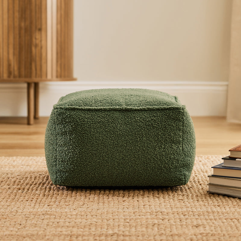 Amara Bouclé Square Footstool Bean Bag - Olive