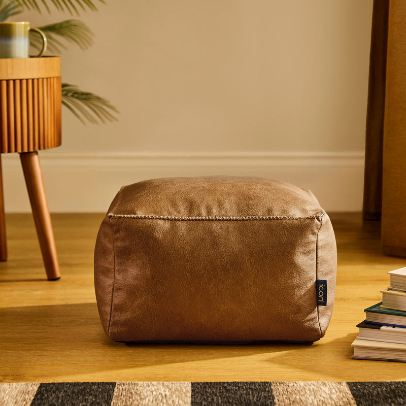 Amara Faux Leather Square Footstool Bean Bag - Tan