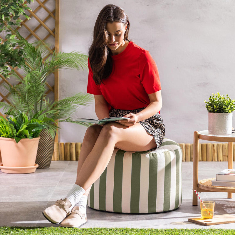 Milano Stripe Woven Round Footstool - Olive Green
