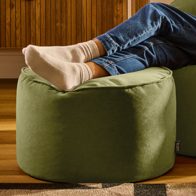 Milano Velvet Round Footstool - Olive Green