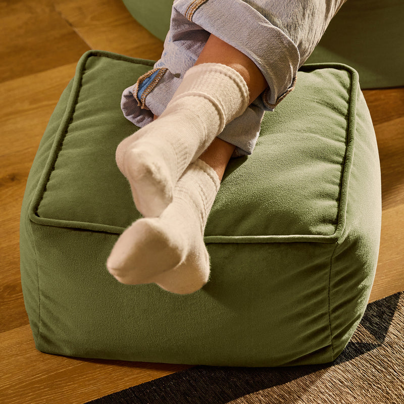 Amara Velvet Square Footstool Bean Bag - Olive Green