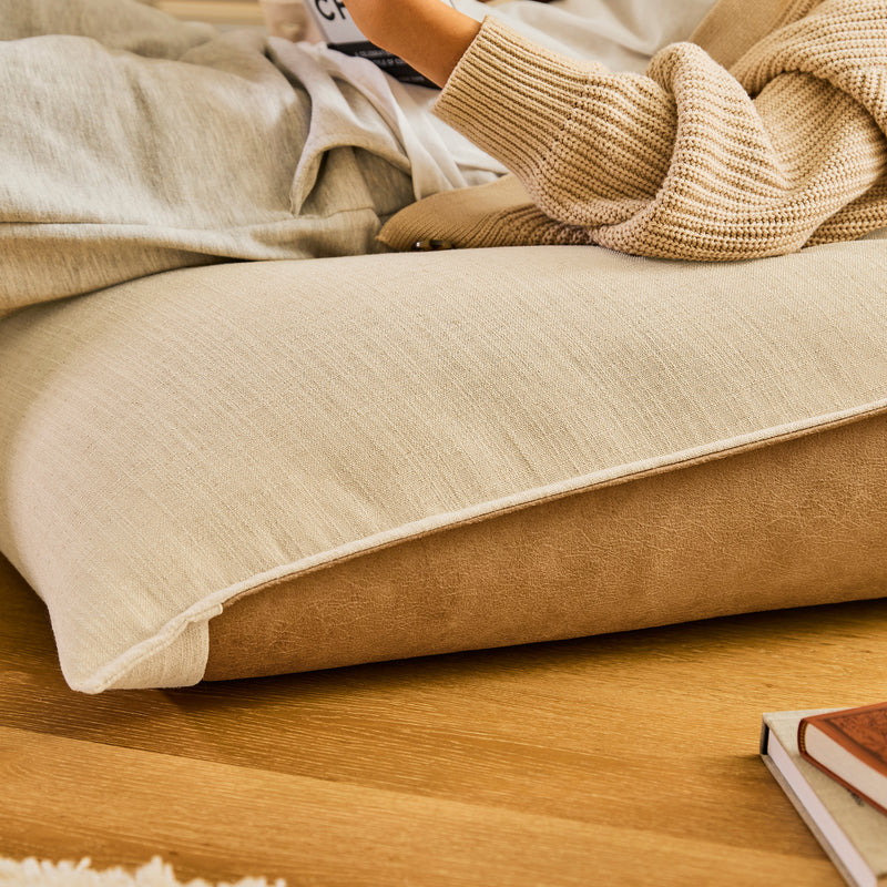 Rocco Linen and Faux Leather Lounger Bean Bag - Natural/Tan