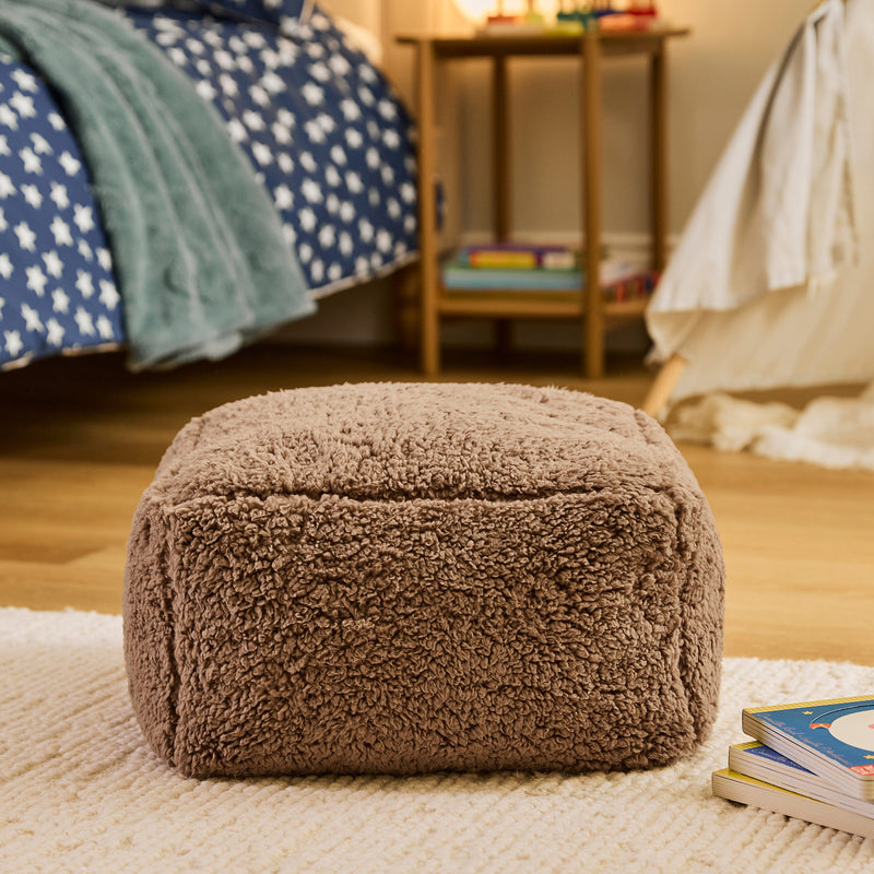 Mini Amara Teddy Fleece Square Footstool - Mocha Brown