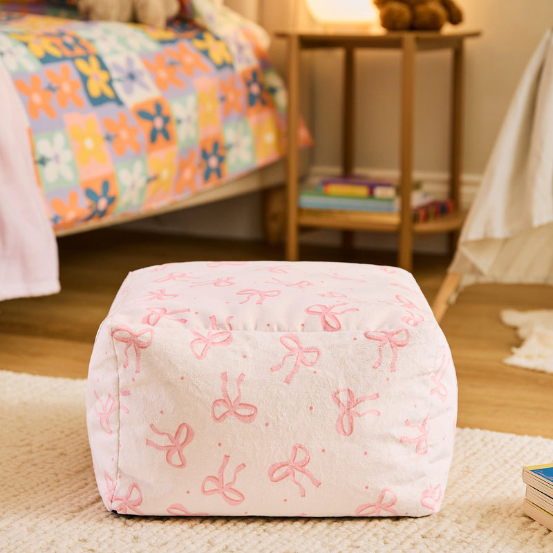 Mini Amara Bow Brushed Velvet Square Footstool - Pink